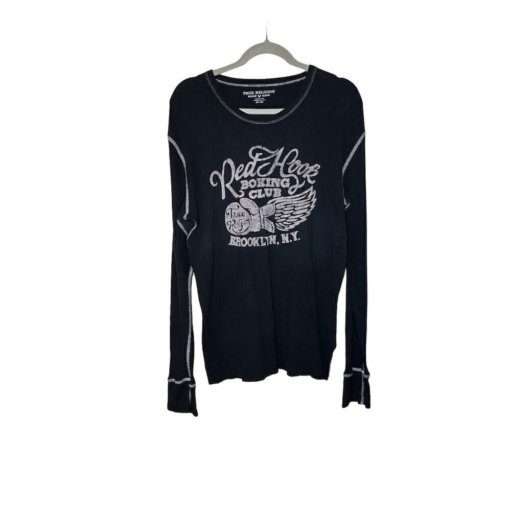 True Religion Men's 2XL Black Thermal Long Sleeve Graphic T-Shirt Boxing Theme - Picture 2 of 4